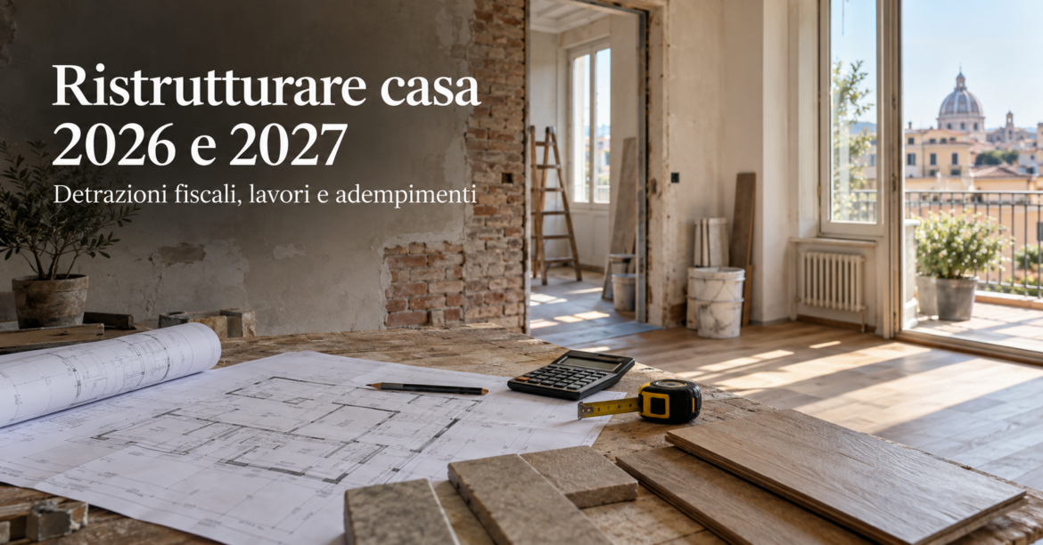 Ambiente residenziale in ristrutturazione con planimetrie, calcolatrice e campioni di materiali: detrazioni fiscali 2026 e 2027
